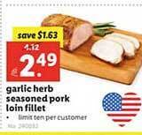 Lidl Garlic herb seasoned pork loin fillet offer