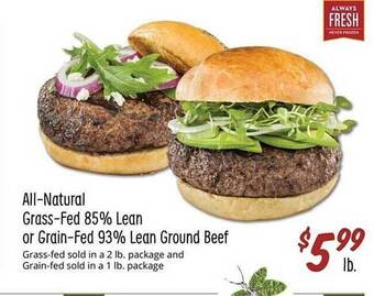 Sprouts Farmers Market All-natural grass-fed 85% lean or grain-fed 93% lean ground beef offer