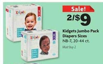 Family Dollar Kidgets jumbo pack diapers sizes offer