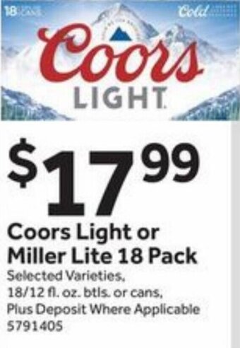 Stop&Shop Coors Light or Miller Lite 18 Pack offer