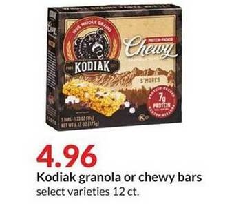 Hy-Vee Kodiak granola or chewy bars offer