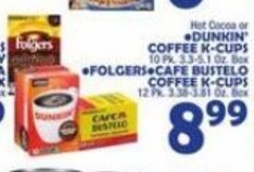 Bravo Supermarkets Hot Cocoa or Dunkin' Coffee K-Cups, 10 offer