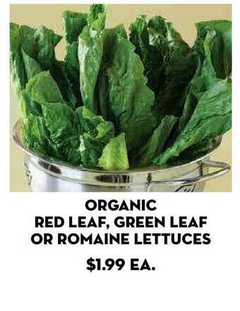 Bristol Farms Organic Red Leaf, Green Leaf Or Romaine Lettuces offer