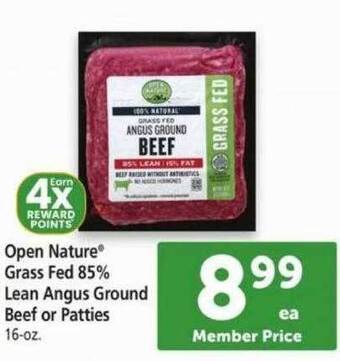 Safeway Open nature grass fed 85% lean angus ground beef or patties offer