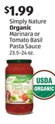 Aldi Simply nature organic marinara or tomato basil pasta sauce offer