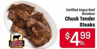 Maceys Certified angus beef boneless chuck tender steaks offer