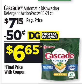 Dollar General Cascade® automatic dishwasher detergent actionpacs™ offer