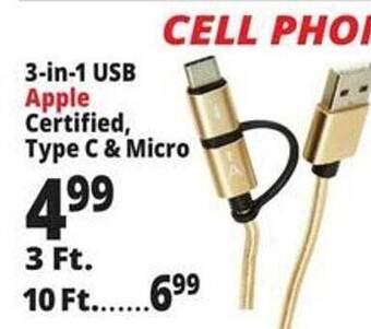 Ocean State Job Lot 3in1 usb apple certified, type c & micro offer