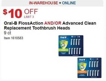Costco Oral-b flossaction and-or advanced clean replacement toothbrush heads 9 ct offer