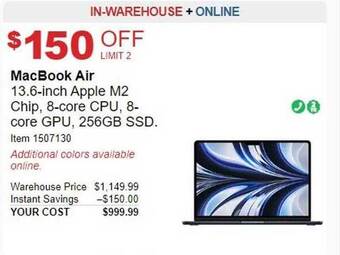 Costco Macbook air 13.6-inch apple m2 chip, 8-core cpu, 8-core gpu, 256gb ssd. offer