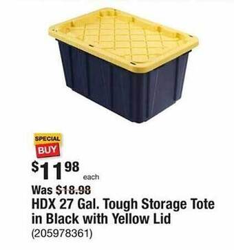 The Home Depot Hdx 27 gal. tough storage tote in black with yellow lid offer
