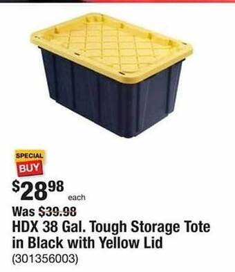 The Home Depot Hdx 38 gal. tough storage tote in black with yellow lid offer