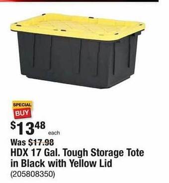 The Home Depot Hdx 17 gal. tough storage tote in black with yellow lid offer