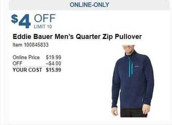 Costco Eddie bauer men's quarter zip pullover offer