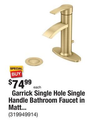 The Home Depot Garrick single hole single handle bathroom faucet in matte gold offer