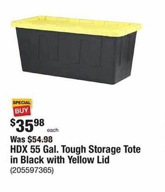 The Home Depot Hdx 55 gal. tough storage tote in black with yellow lid offer