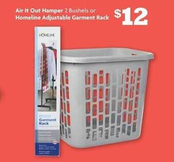 Family Dollar Air it out hamper 2 bushels or homeline adjustable garment rack offer