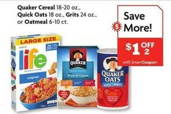 Family Dollar Quaker cereal quick oats grits or oatmeal offer