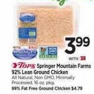 Tops Springer mountain farms 92% lean ground chicken offer