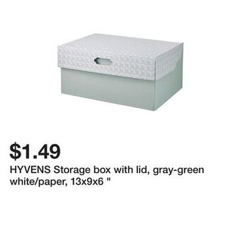 Ikea Hyvens storage box with lid, gray-green white/paper, 13x9x6 " offer