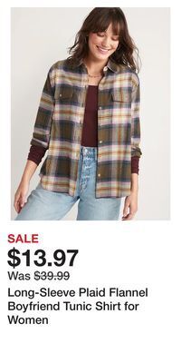 Old Navy Long-sleeve plaid flannel boyfriend tunic shirt for women offer