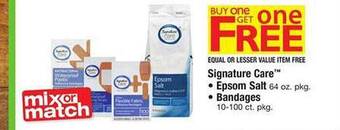 Safeway Signature care epsom salt, bandages offer