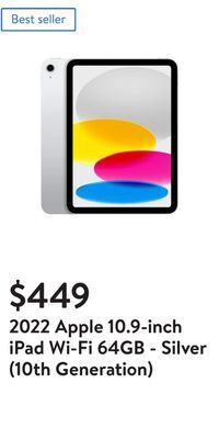 Walmart 2022 apple 10.9-inch ipad wi-fi 64gb - silver (10th generation) offer