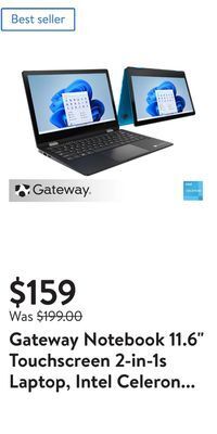 Walmart Gateway notebook 11.6" touchscreen 2-in-1s laptop, intel celeron n4020, 4gb ram, 64gb hd, windows 10 home, blue, gwtc116-2bl offer