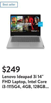 Walmart Lenovo ideapad 3i 14" fhd laptop, intel core i3-1115g4, 4gb, 128gb ssd, windows 11 in s mode, platinum grey, 81x700fgus offer
