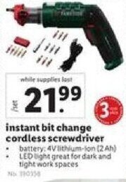 Lidl instant bit change cordless screwdriver offer
