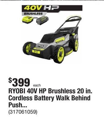 The Home Depot Ryobi 40v hp brushless 20 in. cordless battery walk behind push mower with 6.0 ah battery and charger offer