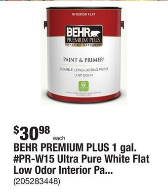 The Home Depot Behr premium plus 1 gal. #pr-w15 ultra pure white flat low odor interior paint & primer offer