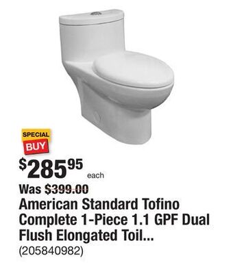 The Home Depot American standard tofino complete 1-piece 1.1 gpf dual flush elongated toilet in white with slow close seat offer