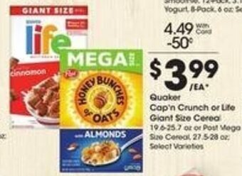 Kroger Quaker Cap'n Crunch or Life Giant Size Cereal offer