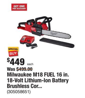 The Home Depot Milwaukee m18 fuel 16 in. 18-volt lithium-ion battery brushless cordless chainsaw kit with 12.0 ah battery and m18 rapid char offer