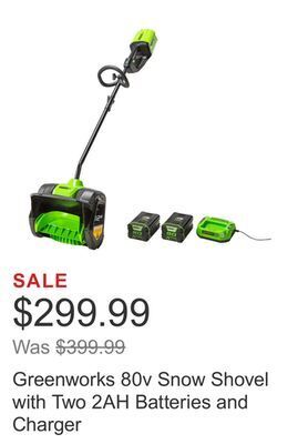 Costco Greenworks 80v snow shovel with two 2ah batteries and charger offer