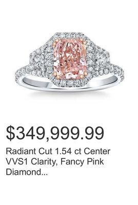 Costco Radiant cut 1.54 ct center vvs1 clarity, fancy pink diamond platinum halo ring offer