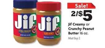 Family Dollar Jif creamy or crunchy peanut butter offer