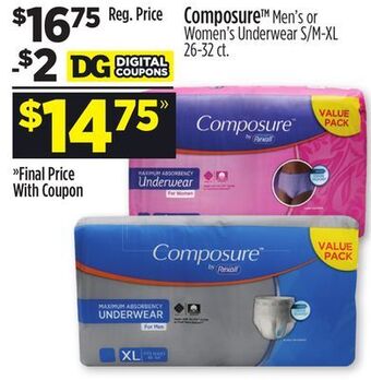 Dollar General Composure™ men's or women's underwear offer