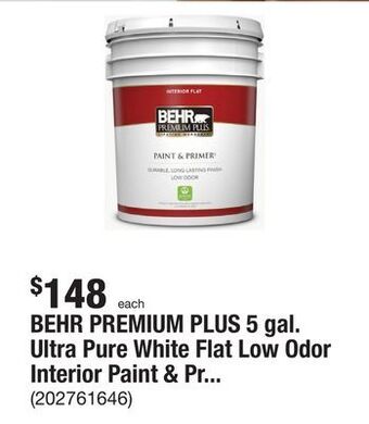 The Home Depot Behr premium plus 5 gal. ultra pure white flat low odor interior paint & primer offer