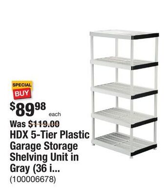 The Home Depot Hdx 5-tier plastic garage storage shelving unit in gray (36 in. w x 72 in. h x 24 in. d) offer