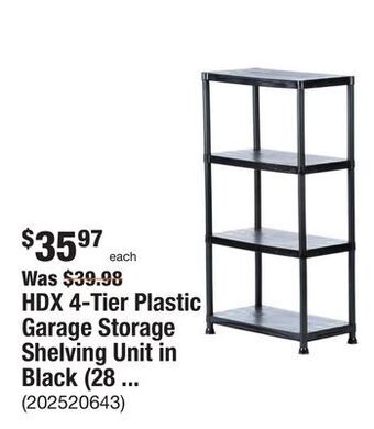 The Home Depot Hdx 4-tier plastic garage storage shelving unit in black (28 in. w x 52 in. h x 15 in. d) offer