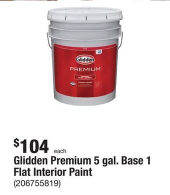 The Home Depot Glidden premium 5 gal. base 1 flat interior paint offer