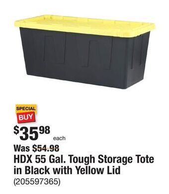 The Home Depot Hdx 55 gal. tough storage tote in black with yellow lid offer