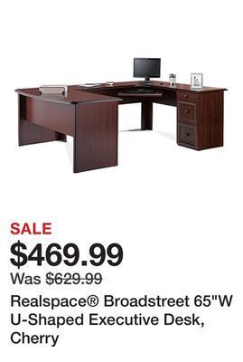 Office Depot Realspace® broadstreet 65"w u-shaped executive desk, cherry offer