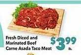 Vallarta Supermarkets Fresh diced and marinated beef carne asada taco meat offer