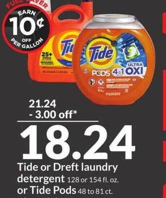 Hy-Vee Tide or dreft laundry detergent or tide pods offer
