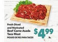 Vallarta Supermarkets Fresh diced and marinated beef carne asada taco meat offer