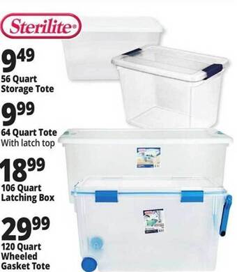 Ocean State Job Lot Sterilite 56 quart storage tote, 64 quart tote, 106 quart latching box, 120 quart wheeled gasket tote offer