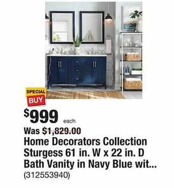The Home Depot Home decorators collection sturgess 61 in. w x 22 in. d bath vanity in navy blue wit offer